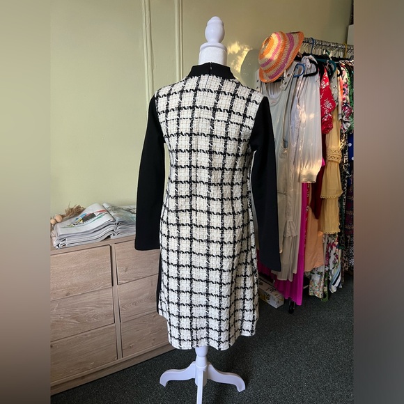 White Gold Tweed & Black Colorblock Mockneck Thick Modest Formal Pencil Dress S - Picture 6 of 16